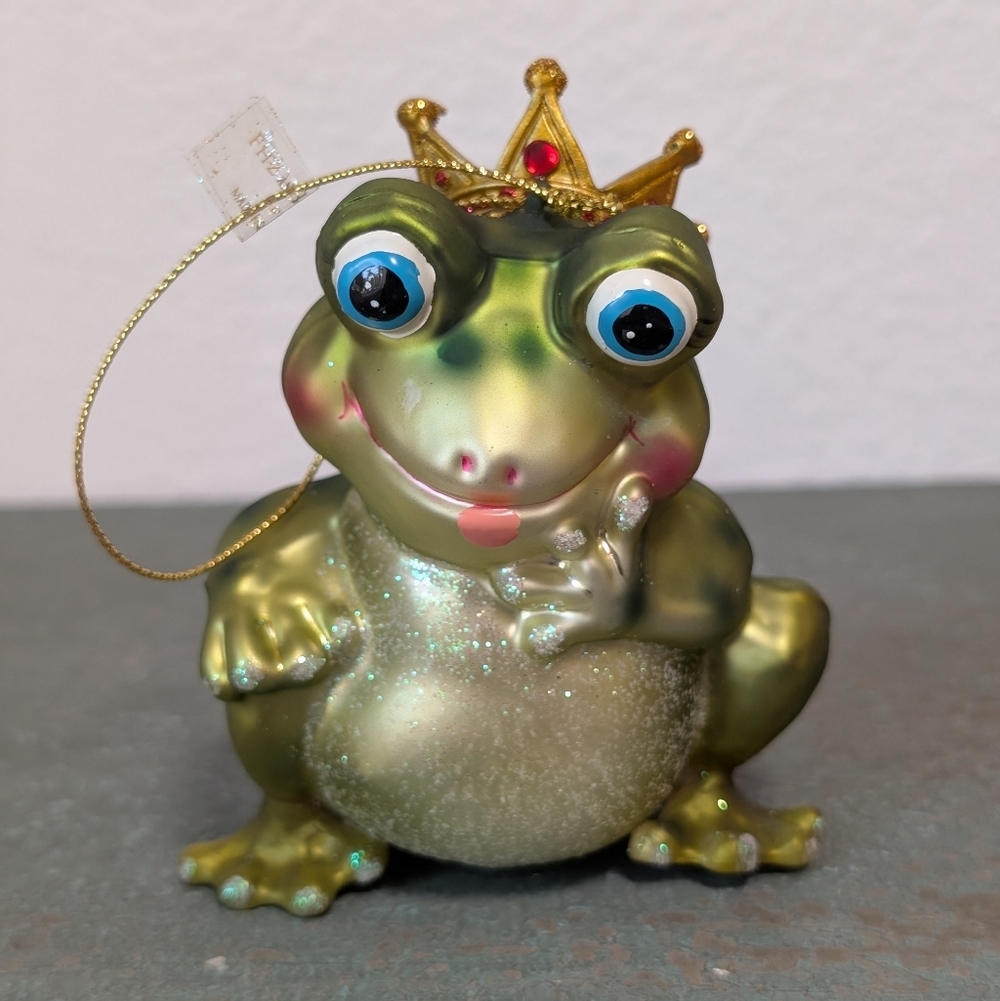 NIB FITZ AND FLOYD Green Glass FROG PRINCE w/ Crown Christmas Holiday Ornament